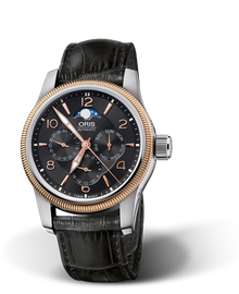 Big Crown Complication, 40mm, Black, Leather Strap, Stainless steel screw-in security crown, Multi-piece stainless steel case, rose gold PVD plated top ring