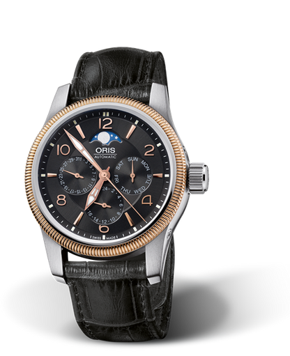 Big Crown Complication, 40mm, Black, Leather Strap, Stainless steel screw-in security crown, Multi-piece stainless steel case, rose gold PVD plated top ring