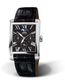 Rectangular Complication, 33.00 x 46mm, Black, Leather Strap, Stainless steel crown, Multi-piece stainless steel case