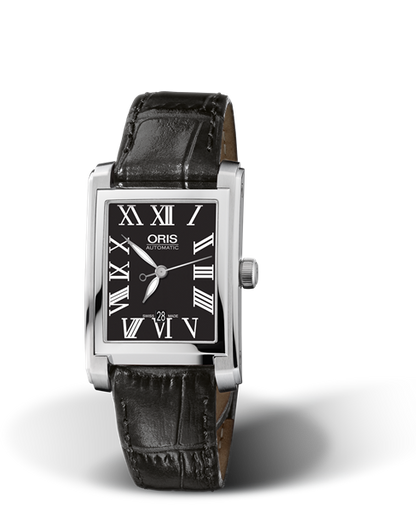 Rectangular Date, 24.50 x 38mm, Black, Leather Strap, Stainless steel crown, Multi-piece stainless steel case