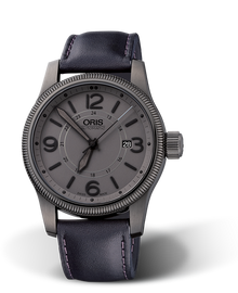 Big Crown Date, 44mm, Grey, Leather Strap, Stainless steel grey PVD plated screw-in security crown, Multi-piece stainless steel case, grey PVD plated