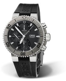 Aquis Titan Chronograph, 46.00 mm, Grey, Rubber Strap, Stainless steel, screw-in security crown, pushers, automatic Helium Valve, Multi-piece titanium case, Tungsten minutes scale top ring