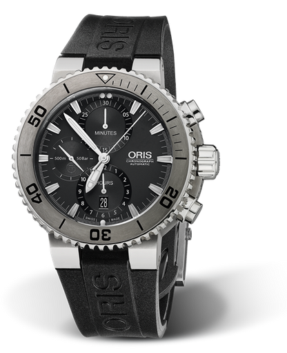 Aquis Titan Chronograph, 46.00 mm, Grey, Rubber Strap, Stainless steel, screw-in security crown, pushers, automatic Helium Valve, Multi-piece titanium case, Tungsten minutes scale top ring