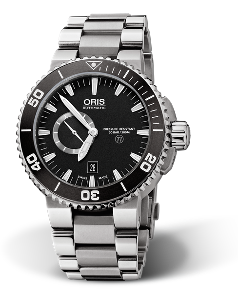 Aquis Titan Small Second, Date, 46.00 mm, Black, Titanium Strap, Stainless steel, screw-in security crown, automatic Helium Valve, Multi-piece titanium case, ceramic minutes scale top ring