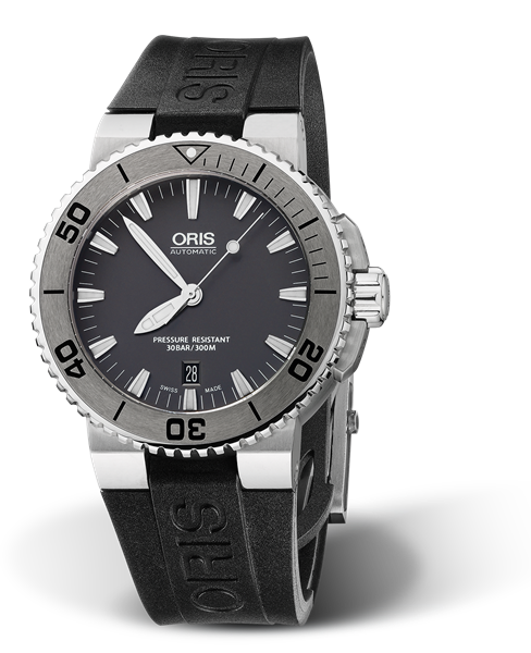 Aquis Date, 43.00 mm, Grey, Rubber Strap, Stainless steel screw-in security crown, Multi-piece stainless steel case