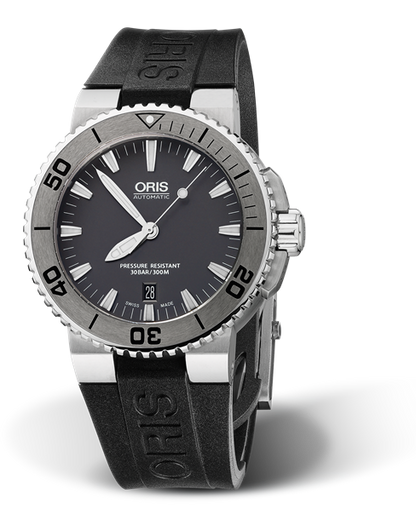 Aquis Date, 43.00 mm, Grey, Rubber Strap, Stainless steel screw-in security crown, Multi-piece stainless steel case