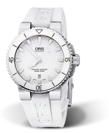 Aquis Date, 43.00 mm, White, Rubber Strap, Stainless steel screw-in security crown, Multi-piece stainless steel case, ceramic minutes scale top ring