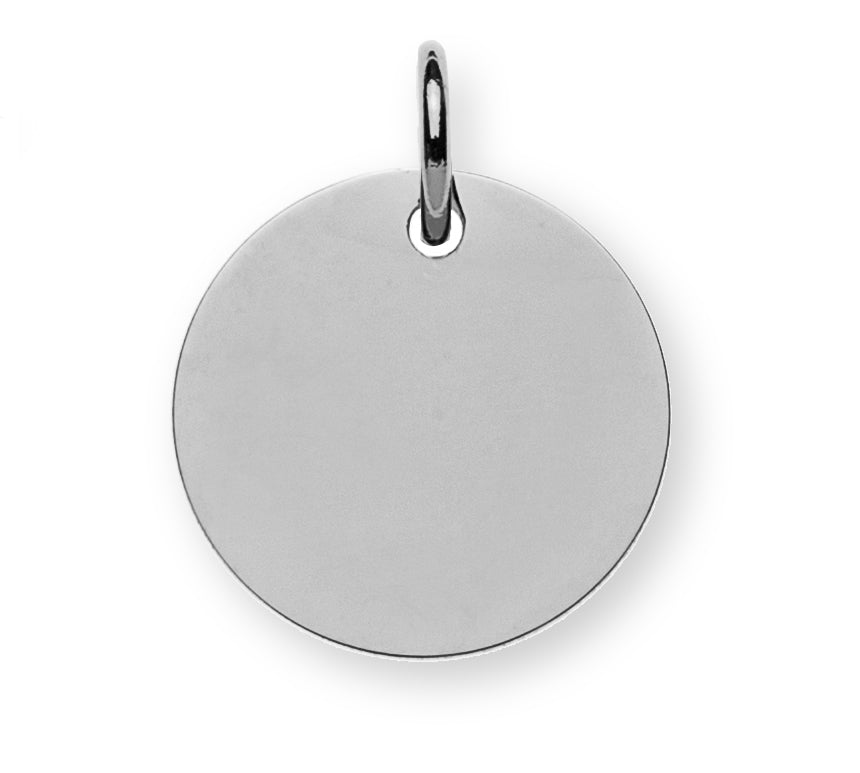 Anhänger Gravurplatte poliert Weissgold 750 Rund 14mm 1 Seite poliert, 1 Seite gesandelt