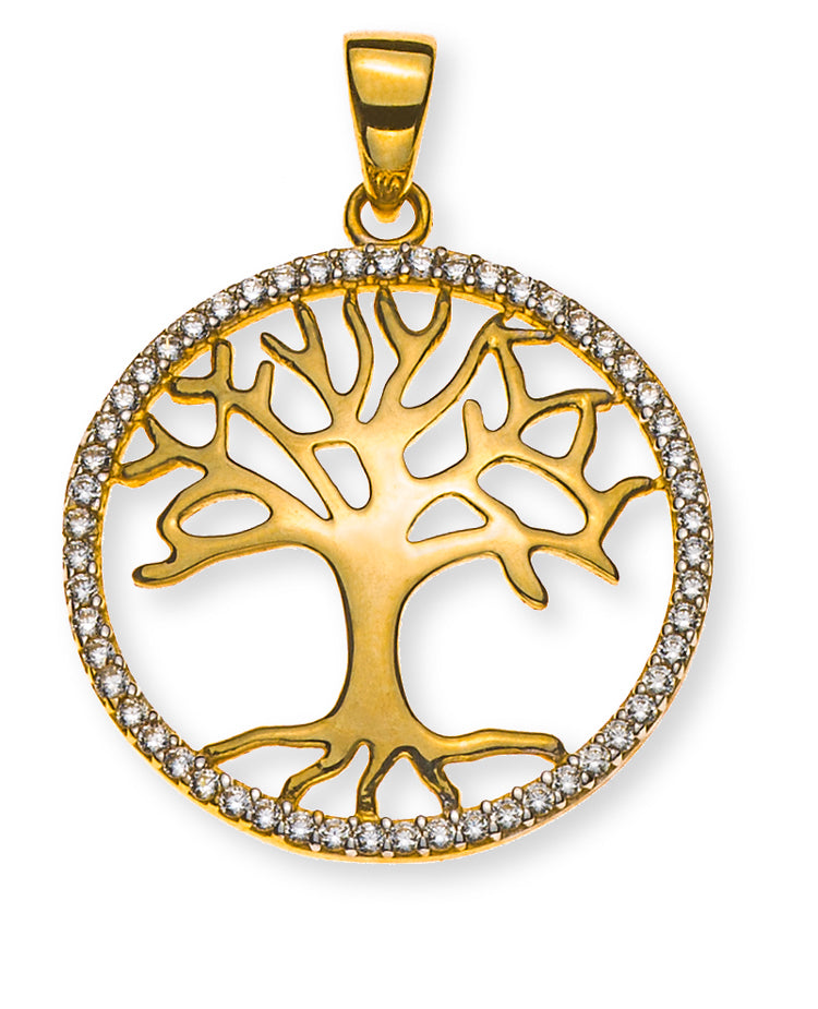 Anhänger Lebensbaum Gelbgold 375 mit 56 Zirkonias, teilrhodiniert, 20mm