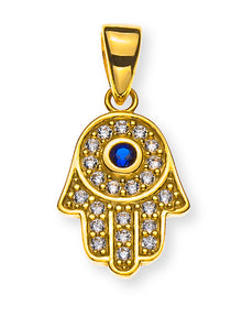 Anhänger Fatimas Hand Gelbgold 375 mit 23 Zirkonias, 15x10mm "Nazar"