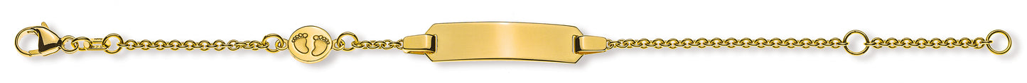Bébé Bracelet Rundanker Gelbgold 750 mit Gravurplatte rechteckig lang mit Babyfüssen 6mm