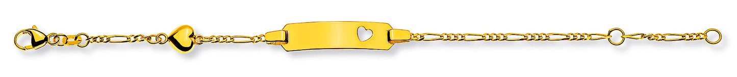 Bébé Bracelet Figaro 3+1 Gelbgold 375, mit Gravurplatte rechteckig lang mit ausgestanztem Herz und Herzmotiv