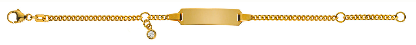 Bébé Bracelet Panzer diamantiert Gelbgold 375 mit Gravurplatte rechteckig lang mit Zirkonia-Einhänger weiss