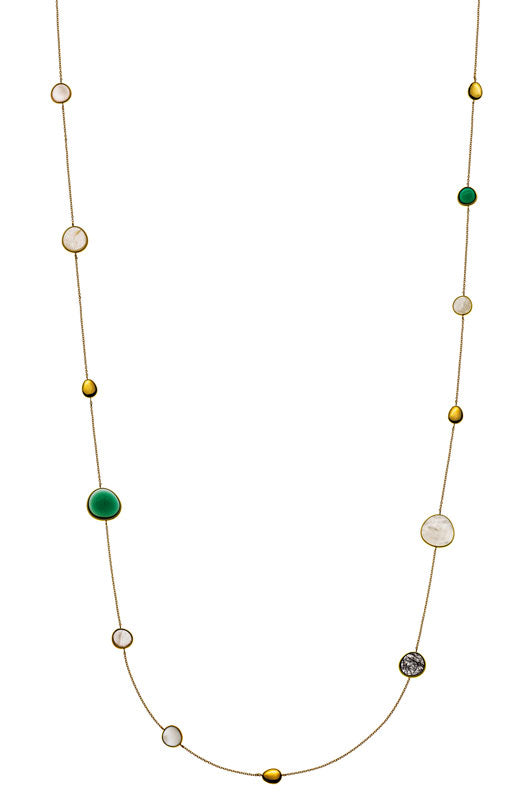 Collier Gelbgold 750 mit Zwischenteilen in Perlmut, grünem Turmalin, Rutilquartz Rosenquartz und Mondstein