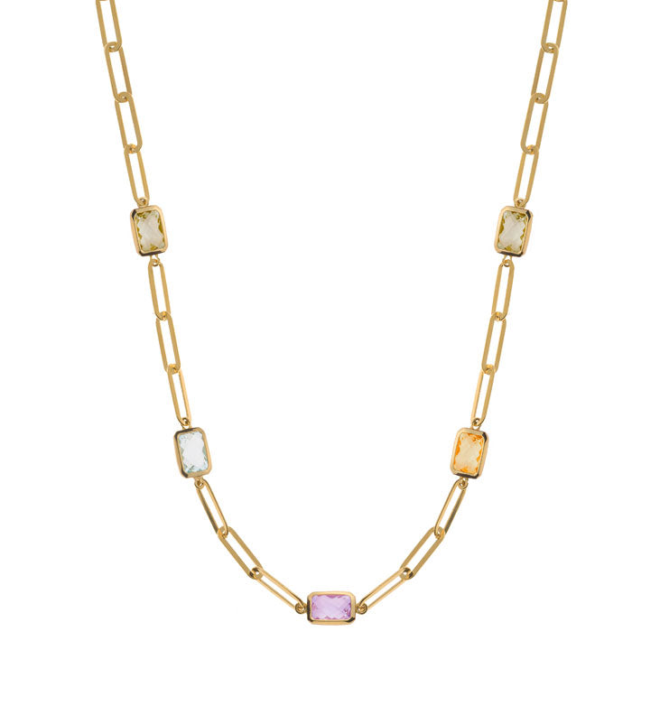Collier Gelbgold 750, mit Farbsteine und längliche Kettenglieder