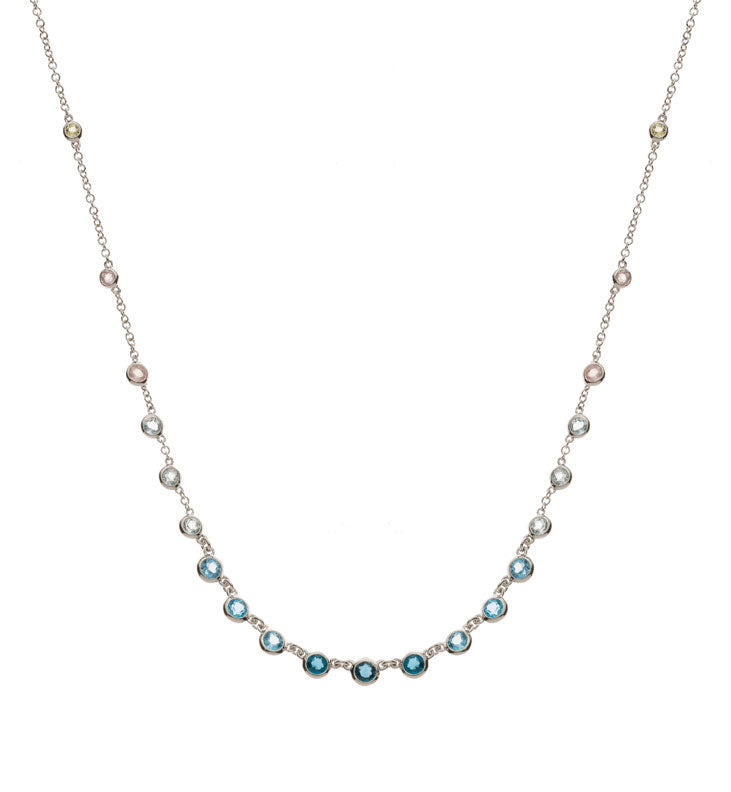 Collier Weissgold 750 mit 6 Skytop. ct, 3 Londontop. 0.41ct, 6 Swisstop. 0.80ct, 2 Lemonquartzen 0.06ct. + 4 Rosenquartzen 0.19ct.