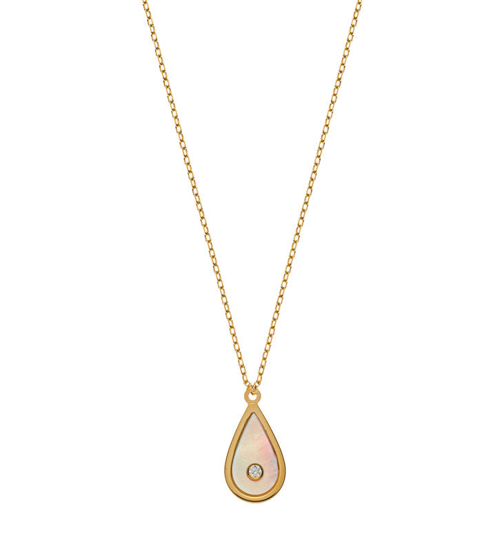 Collier Gelbgold 375, mit integriertem Perlmutt Element Tropfenform und 1 Zirkonia