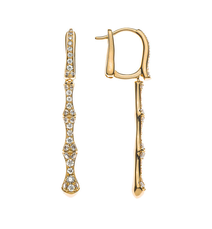 Ohrhänger Gelbgold 750, längliche Fantasieform "Bambus" 64 Brillanten H SI, 35x3mm
