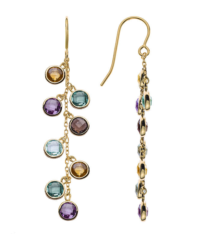 Ohrhänger Gelbgold 750 mit16 Farbsteinen Amethyst, Citrin, Blautopas, Rauchquartz