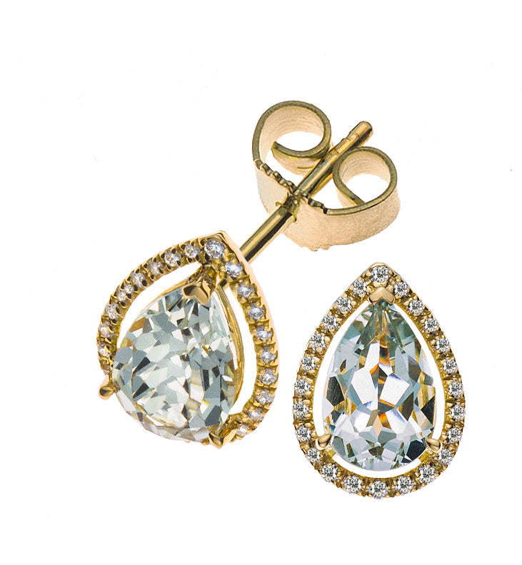 Ohrringe Gelbgold 750 mit 2 grünen Amethysttropfen und 48 Brillanten H SI 0.15ct.