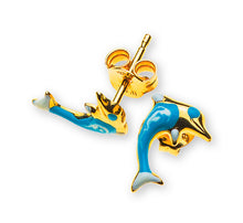 Ohrstecker Delfine Gelbgold 750 hellblau/weiss emailliert