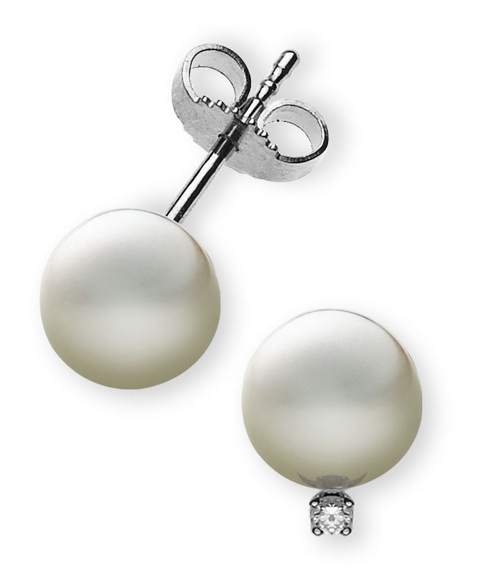 Perlohrringe Weissgold 750, mit weissen Perlen 7mm und 2 Brillanten H SI ct.