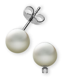 Perlohrringe Weissgold 750, mit weissen Perlen 7mm und 2 Brillanten H SI ct.
