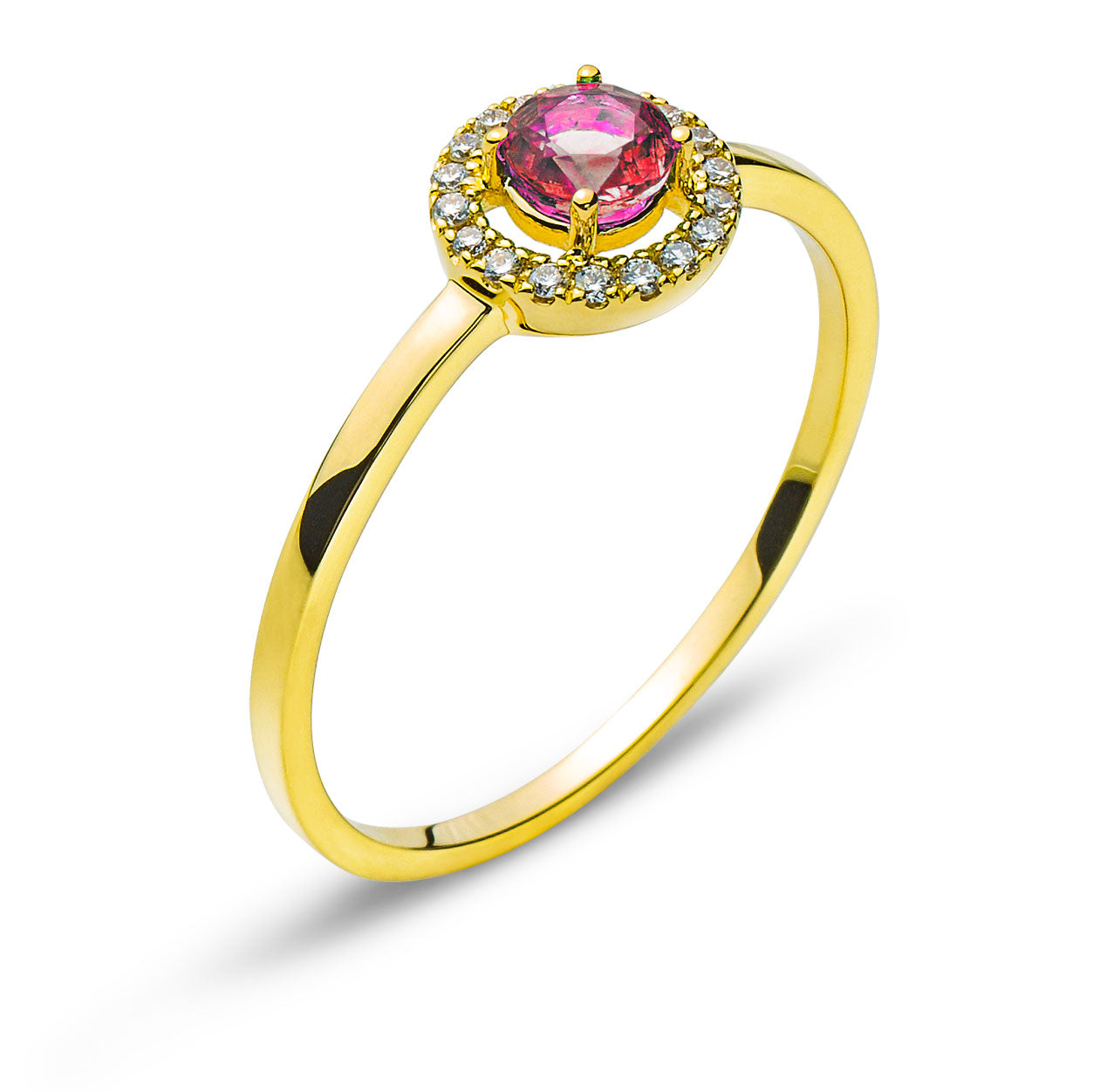 Ring Gelbgold 750 mit rundem Rubin und 18 Brillanten H SI 0.07ct.