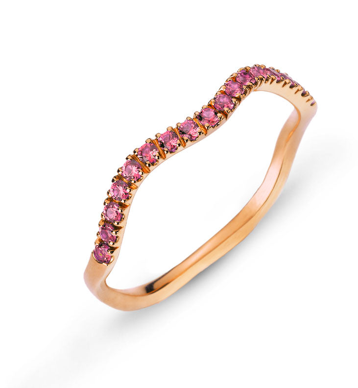 Ring Rotgold 750, geschwungene Form "Wave" 15 pinke Turmaline ct.